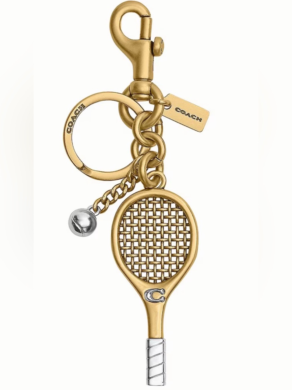 Coach Small Tennis Racket Bag Charm Keychain Key Fob Brass Racquet Ball